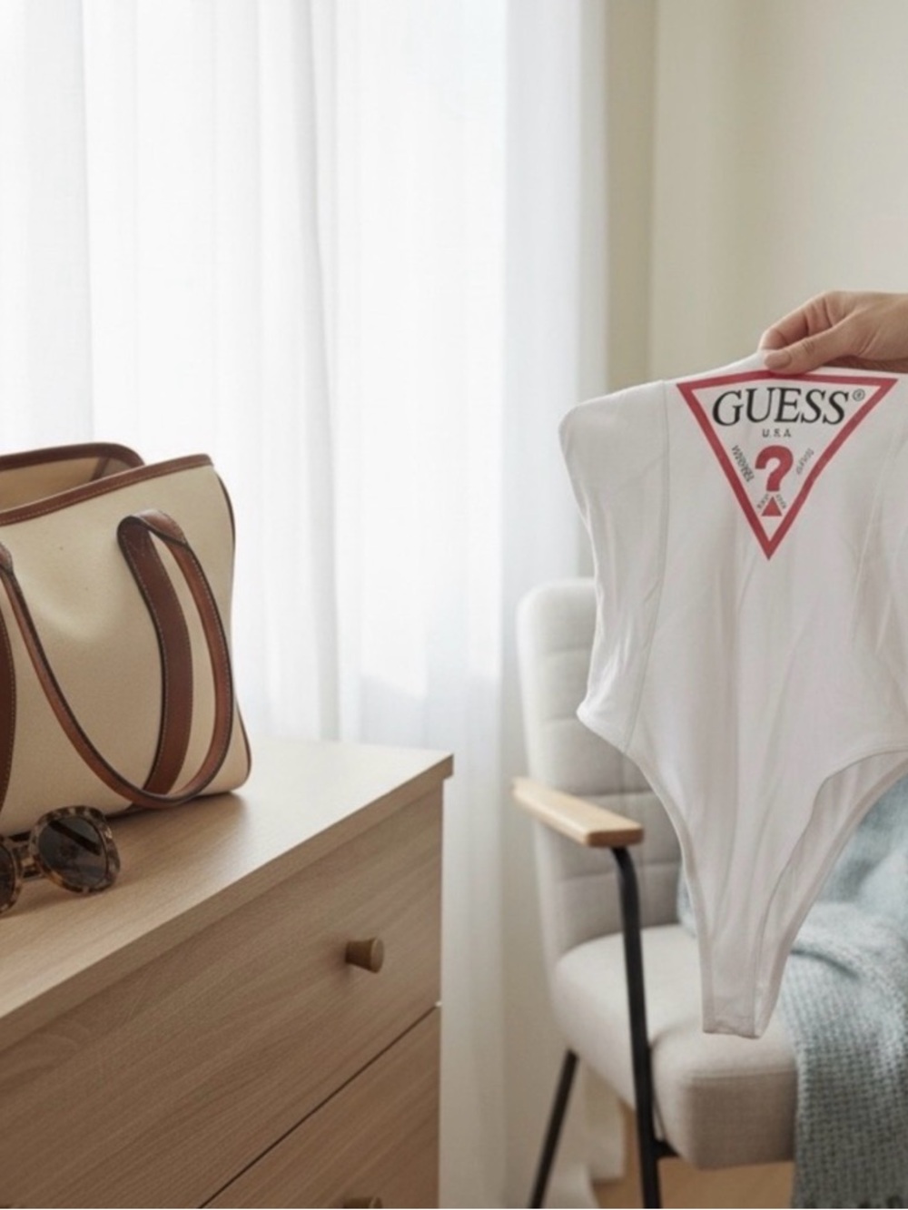 GUESS White Tank Logo Bodysuit with Red Triangle
